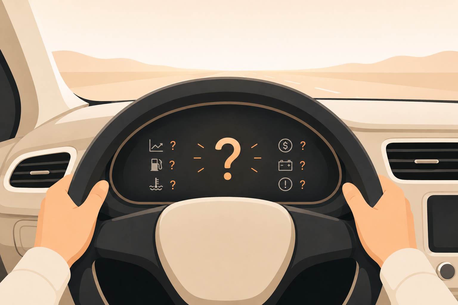 Vista desde el asiento del conductor: las manos en el volante y un tablero sin información, con signos de interrogación en lugar de indicadores.